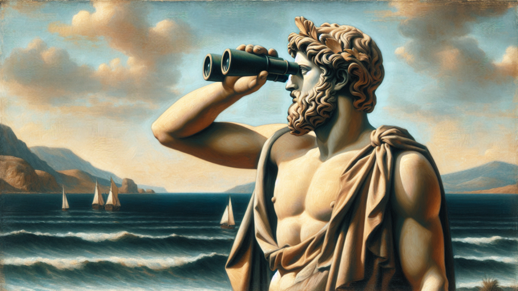 A Greek statue looks to the horizon using binoculars
